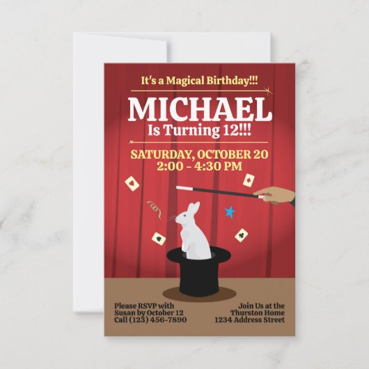 Magic Birthday Party Invitation - Top Hat & Bunny Kaart (Voorkant)