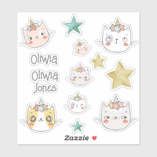 Magic caticorn Kawaii Sticker vert pack (Feuille)