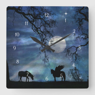 Magic Fantasy Unicorn en Pegasus Clock Vierkante Klok
