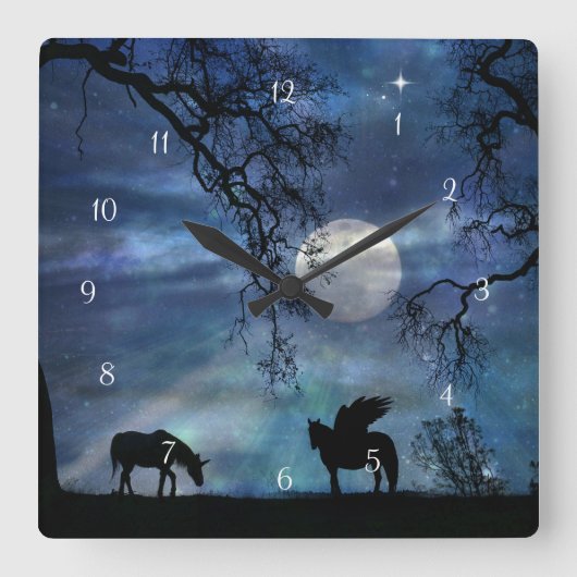Magic Fantasy Unicorn en Pegasus Clock Vierkante Klok (Voorkant)