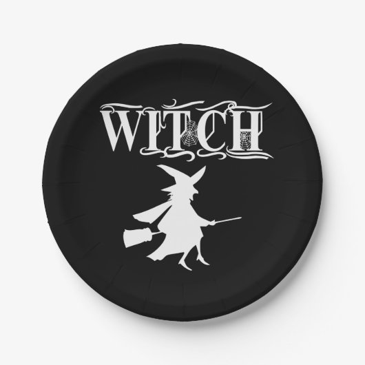 Magic Flying Witch Witte Typografie Halloween Papieren Bordje (Voorkant)