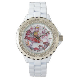 MAGIC FOLLET OF MUSHROOMS Red White Floral Fantasy Horloge