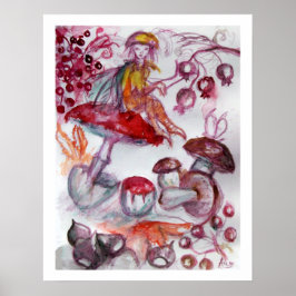 MAGIC FOLLET OF MUSHROOMS Whire Red Floral Fantasy Poster