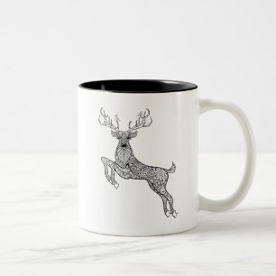 Magic Horned Deer with Birds Doodle Tweekleurige Koffiemok