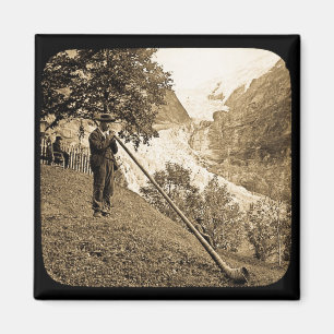 Magic Lantern Slide Swiss Alps Horn Blower Magneet