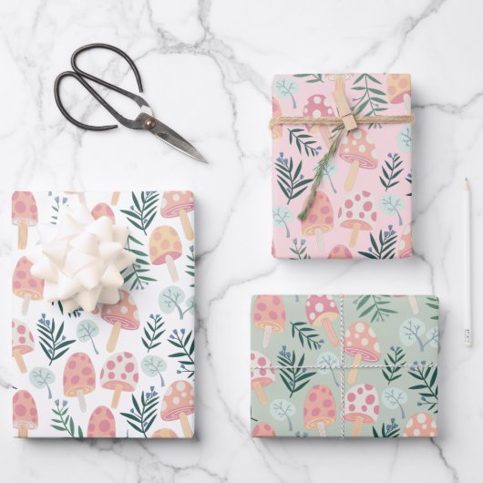 Magic Mushrooms Forest Pattern roze Green Inpakpapier Vel (Voorkant)