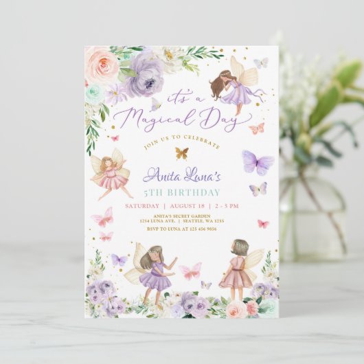 Magic ONE Paarse Roze Sprookjesvlinder Verjaardag Kaart (Staand voorkant)