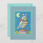MAGIC OWL & EASTER BASKET, WHIMSICAL FOLK ART BIRD FEESTDAGENKAART (Voorkant / Achterkant)
