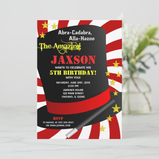 Magic show verjaardagsfeestje goochelaar uitnodigi kaart (Staand voorkant)