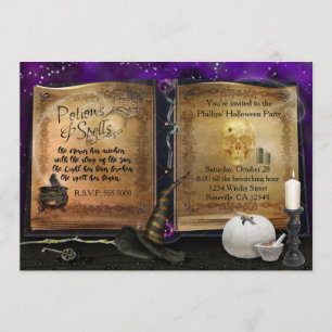 MAGIC SPELL BOOK Halloween Witch Party Invitation Kaart