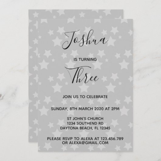 Magic Star verjaardag uitnodiging Grijs (Voorkant / Achterkant)