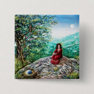 MAGIC TREE / Dawn in Green Wood and Lady in Red Vierkante Button 5,1 Cm