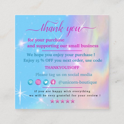 Magic unicorn bedankt vierkante visitekaartje (Achterkant)