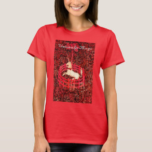 MAGIC UNICORN, FANTASY FLOWERS, RED FLORAL MOTIFS T-SHIRT