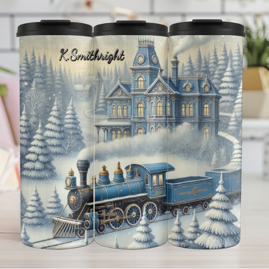 Magical Blue Christmas Train Moonlit Scene Thermosbeker