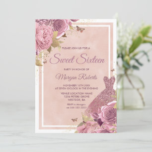 Magical Blush Pink Dress & Flowers Sweet 16 Kaart