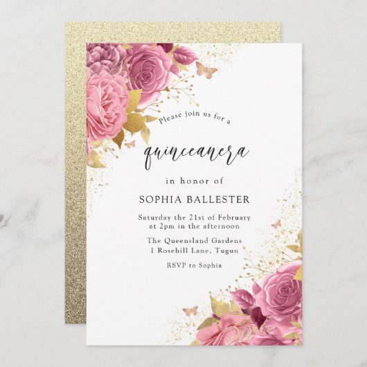 Magical Blush PInk Gold Flowers Quinceanera Party Kaart (Voorkant / Achterkant)