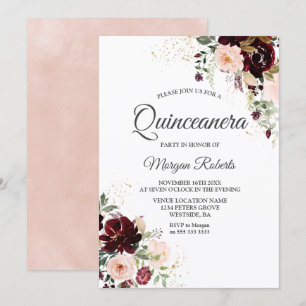 Magical Burgundy Blush Red Wine Floral Quinceanera Kaart