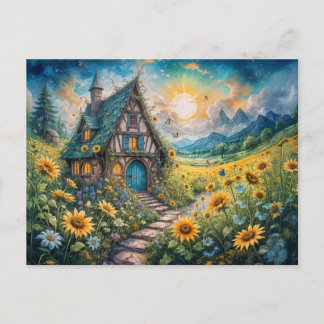 Magical Cottage with Sunflower Field Briefkaart