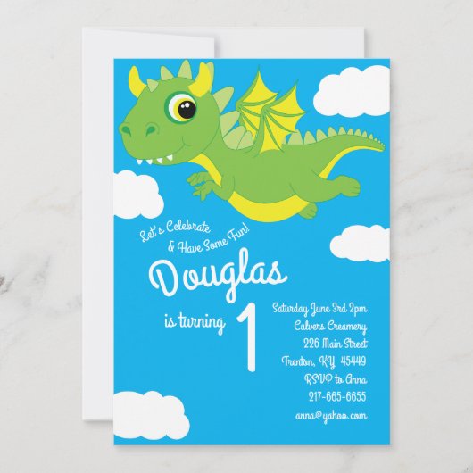 Magical Dragon 1e Verjaardag Schattigee Uitnodigin Kaart (Voorkant)