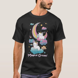 Magical Dreams Sleeping Cat Unicorns Pastel Clouds T-shirt