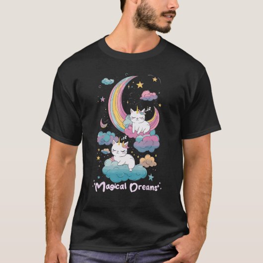 Magical Dreams Sleeping Cat Unicorns Pastel Clouds T-shirt (Voorkant)