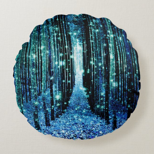 Magical Forest Turquoise Blauwgroen Rond Kussen (Voorkant)