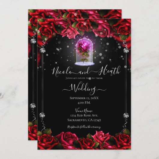 Magical Glow Red Rose Silver Black Wedding Kaart (Voorkant / Achterkant)