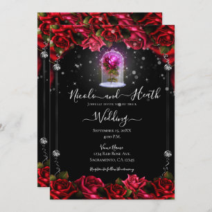 Magical Glow Red Rose Silver Black Wedding Kaart