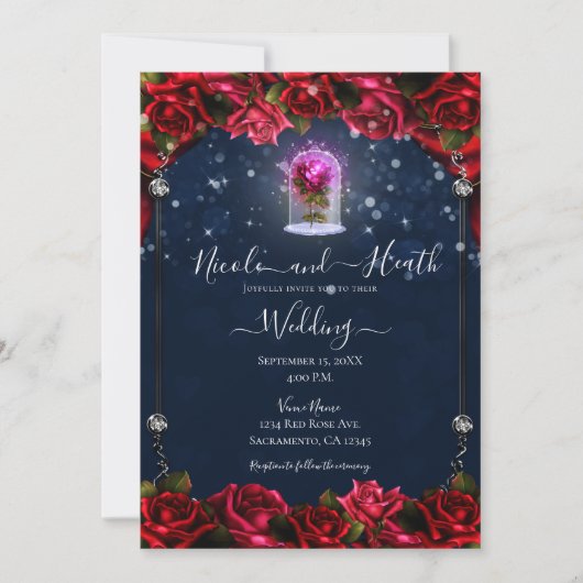 Magical Glow Red Rose Silver Navy Blue Weddenschap Kaart (Voorkant)