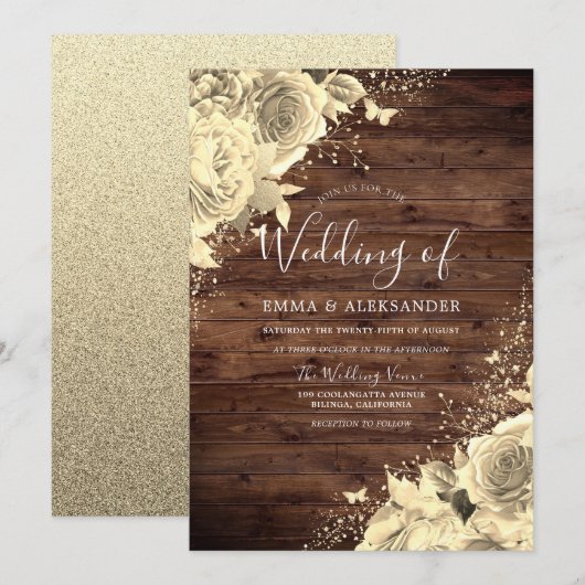Magical Gold Flowers met Glitter Rustic Wedding Kaart (Voorkant / Achterkant)