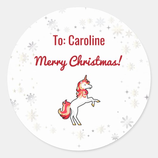 Magical Modern Unicorn Snowflakes Name Script-mas Ronde Sticker (Voorkant)