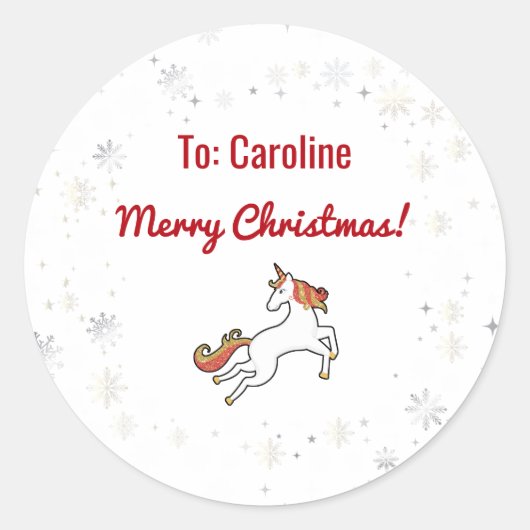 Magical Modern Unicorn Snowflakes Name Script-mas Ronde Sticker (Voorkant)
