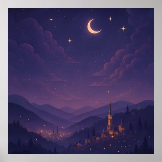 Magical Moonlit Village Nightscape Poster (Voorkant)