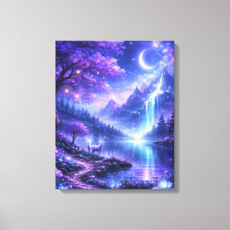 Magical night by the glowing lake canvas afdruk
