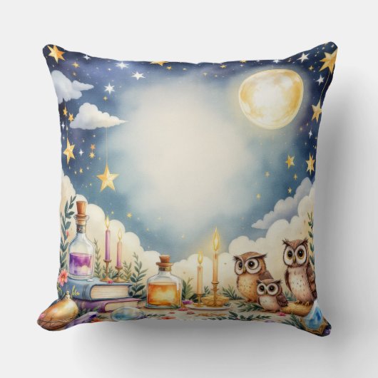 Magical Night Sky Owars Stars Watercolor Coussin (Recto)