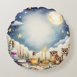 Magical Night Sky Owls Stars Waterverf Pillow Rond Kussen