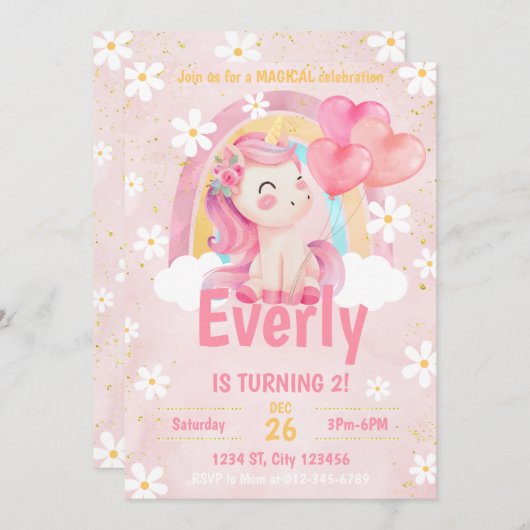 Magical Pastel Unicorn Arc-en-ciel Invitation d'an (Devant / Derrière)