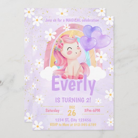 Magical Pastel Unicorn Arc-en-ciel Invitation d'an (Devant / Derrière)