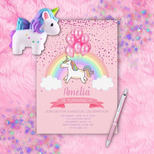 Magical Pink Unicorn Rainbow Birthday Uitnodiging