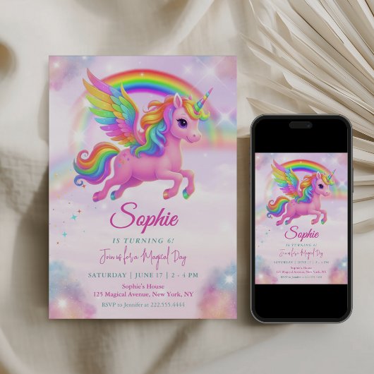 Magical Rainbow Unicorn Birthday Invitation Kaart