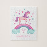 Magical Rainbow Unicorn Jigsaw Puzzle<br><div class="desc">A cute,  magical unicorn with hearts and a rainbow decorate this puzzle. Personalize it with her name. A fun gift for a girl. Designed for you by Blackberry Boulevard.</div>