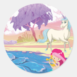 Magical Riverbank met Fairies Unicorn en Mermaid Ronde Sticker