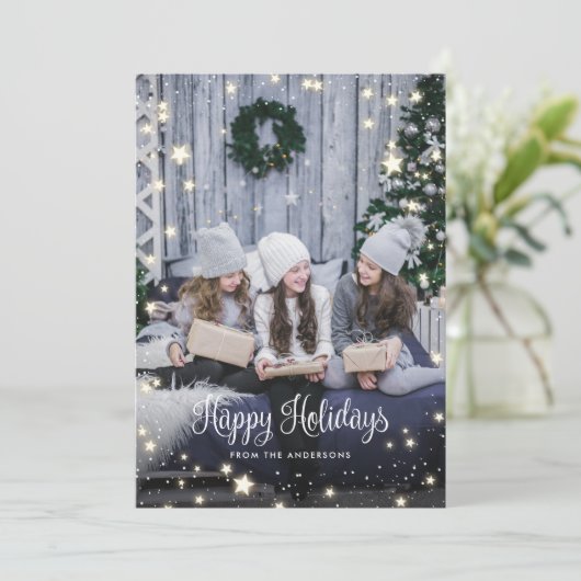 Magical Rustic Wood Snow Stars Photo Holiday Card Feestdagenkaart (Staand voorkant)