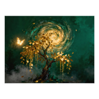 Magical Tree with Butterfly and Swirling Galaxy Foto Afdruk