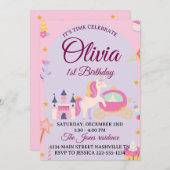 Magical Unicorn 1st Birthday Invitation for Girls Kaart (Voorkant / Achterkant)