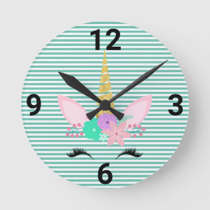 MAGICAL UNICORN AQUA GREEN STRIPE WALL CLOCK RONDE KLOK