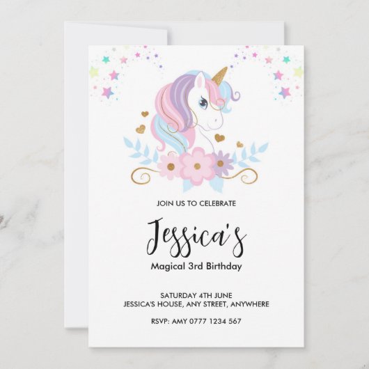Magical Unicorn Birthday Invitation Kaart (Voorkant)