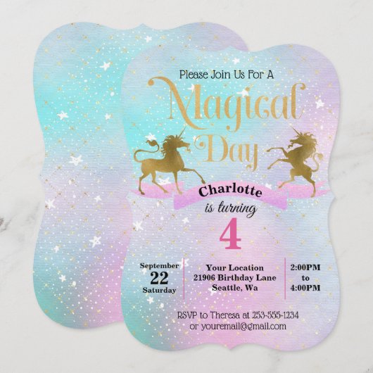 Magical Unicorn Birthday Invitation Kaart (Voorkant / Achterkant)
