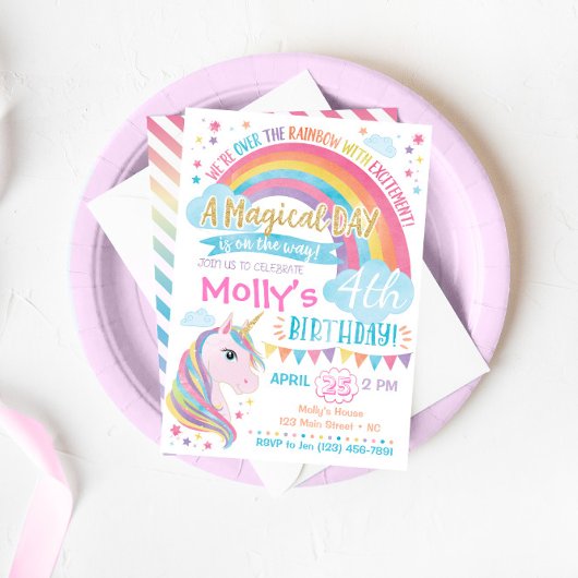 Magical Unicorn Birthday Invitation Rainbow Invite Kaart
